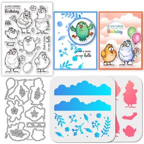 GLOBLELAND Funny Bird Clear Stamp Flower Cutting Die PET Paint Craft Stencils Template Set for Card Making and DIY Embossing Scrapbooking Craft Decor