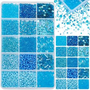 PH Pandahall 9600pcs حبات الحرف الأزرق - 12 أنماط ، 2-6 مم من حبات البذور والزجاجية ، والخرز بالوقوف والخرز ، والترتر المستديرة المستديرة لصناعة المجوهرات
