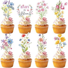 Baby in Bloom Baby Shower Decorations 36PCS Spring Floral Cake Cupcake Toppers for Baby Shower Wildflower Birthday Party
