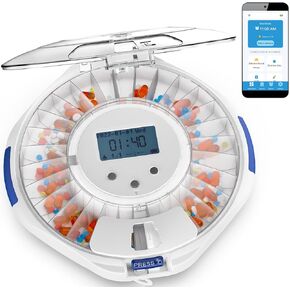 جهاز توزيع حبوب منع الحمل الذكي Adamson TimelyMed مع منبه + مراقبة تطبيق WiFi + موزع دواء جديد 2024 + 28 يومًا + موزع حبوب آلي لكبار السن مع إنذار ورعاية الزهايمر + مفتاح قفل
