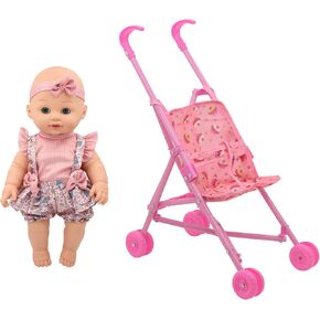 Little Darlings: Out for A Brading - Cupcake Lollipop Pink & Blue Outfit - 12 "Baby Doll & Foldable Toy Stroller و Soft Body و Treacs Design و Kids Age 3+