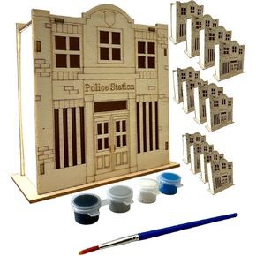 Oojami Wooden Police Station Crafting Kit: 12 DIY Unfinished Police Station Decoration Party Favors Supplies Ideal for Kids and Adults of All Ages with Paints and Brush (DIY)