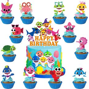 Shark Party Decorations, 25 Piece Cake Toppers Set with 1 Large and 24 Small Animal Theme Picks
