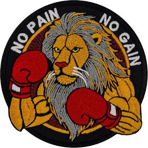 Boxing Lion Embroidered Patch Iron On – Fierce Lion with Red Boxing Gloves, No Pain No Gain, 3.9 x 3.9 Inches, Iron on