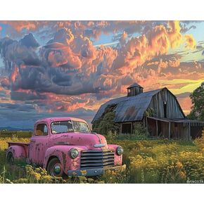 SVINOILER Farm Barn Paint by Numbers for Adults Beginner Vintage Pink Truck DIY Oil Painting Gift Kits Sunset Scenery Paint by Number Kits Canvas Arts Craft Home Decor 16x20In no Frame