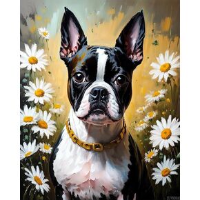 Zuvrdiai DIY Acrylic Paint بواسطة أرقام أرقام على قماش ، بوسطن ترير والزهور ، اللوحة الزيتية الرقمية الفنية ، 40x50 سم ، بدون إطار