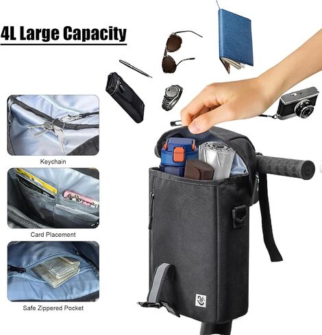 Portable Electric Scooter Bag, 4L Large Soft Scooter Storage Bag with Shoulder Straps, Pockets and Reflective Strips, Waterproof Electric Bike Front Handlebar Bag, Black in Saudi Arabia