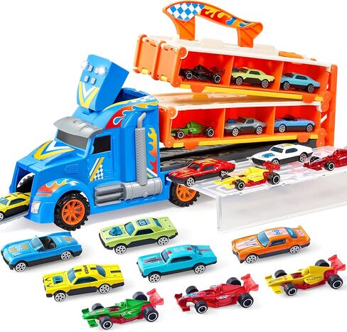 JOYIN Toy Truck for Kids,5-FT Race Track and 12 Die-Cast Metal Toy Cars, Racing Car with Lights & Sounds, Carrier Truck Playset Gift for 2 3 4 5 Years Old Boys and Girls-Black in Saudi Arabia