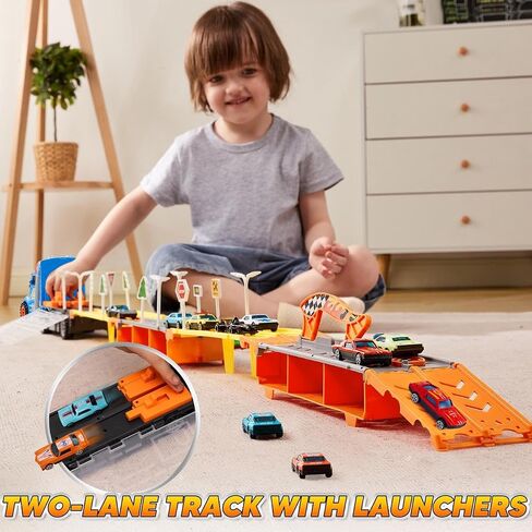 JOYIN Toy Truck for Kids,5-FT Race Track and 12 Die-Cast Metal Toy Cars, Racing Car with Lights & Sounds, Carrier Truck Playset Gift for 2 3 4 5 Years Old Boys and Girls-Black in Saudi Arabia