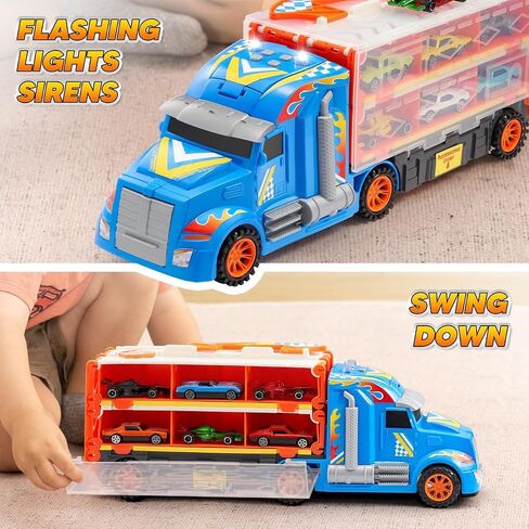 JOYIN Toy Truck for Kids,5-FT Race Track and 12 Die-Cast Metal Toy Cars, Racing Car with Lights & Sounds, Carrier Truck Playset Gift for 2 3 4 5 Years Old Boys and Girls-Black in Saudi Arabia
