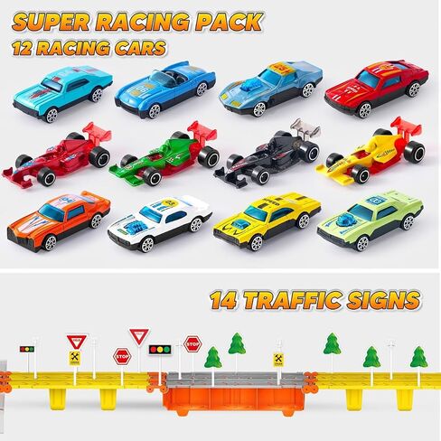 JOYIN Toy Truck for Kids,5-FT Race Track and 12 Die-Cast Metal Toy Cars, Racing Car with Lights & Sounds, Carrier Truck Playset Gift for 2 3 4 5 Years Old Boys and Girls-Black in Saudi Arabia