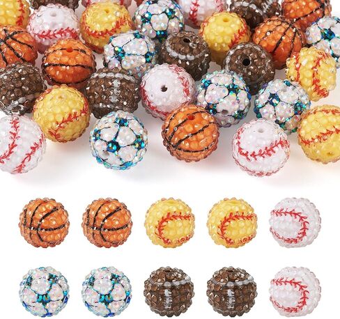 30pcs 20mm الرياضية راتنج راتنج راينستون الخرز - كرة القدم ، والبيسبول ، وفاصل كرة السلة - كرة ديسكو معبدة 5 أنماط لـ DIY Crafts Making Making in Kuwait