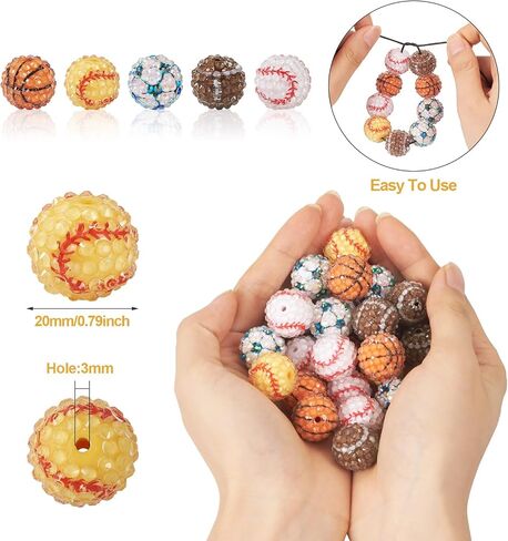 30pcs 20mm الرياضية راتنج راتنج راينستون الخرز - كرة القدم ، والبيسبول ، وفاصل كرة السلة - كرة ديسكو معبدة 5 أنماط لـ DIY Crafts Making Making in Kuwait