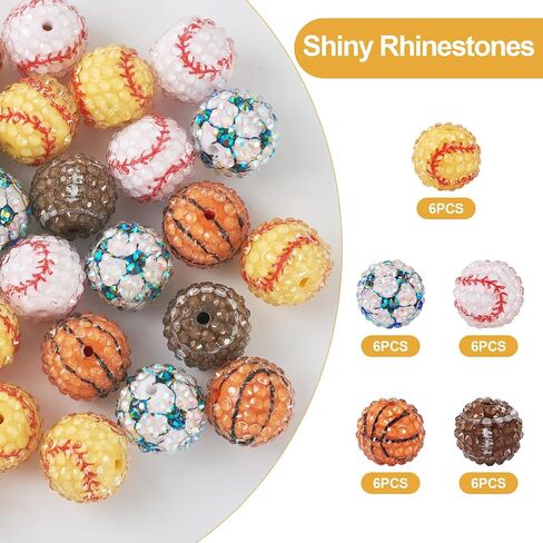 30pcs 20mm الرياضية راتنج راتنج راينستون الخرز - كرة القدم ، والبيسبول ، وفاصل كرة السلة - كرة ديسكو معبدة 5 أنماط لـ DIY Crafts Making Making in Kuwait