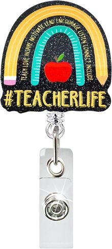 Teacher Retractable Badge Reel with Alligator Clip Teacher Life ID Card Badge Holder Funny Rainbow Badge Funny Black Glitter Badge Reel Gift for Teacher Colleague Headmaster School Staff in Saudi Arabia