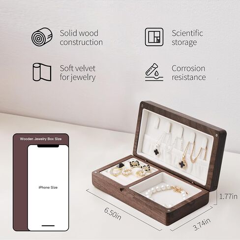 Wooden Travel Jewelry Box Jewelry Box Vintage Style Travel Jewelry Case Small Wood Jewelry Box Wood Jewelry Organizer Velvet Ideal Jewelry Box for Girls, Women, Men (Walnut Gray) in Kuwait