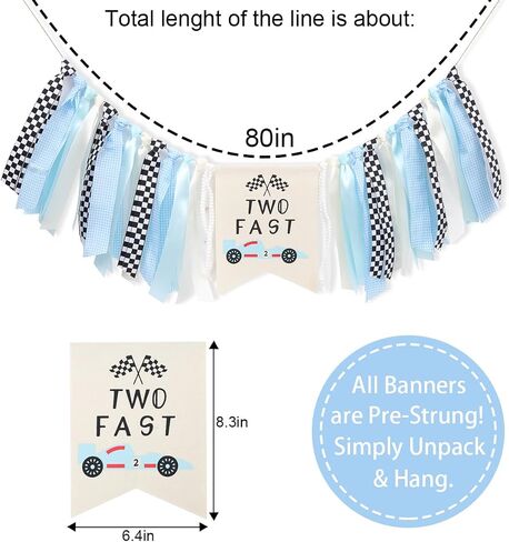 Race Car Birthday High Chair Banner - Two Fast High Chair Birthday Banner, Blue Car Two Fast Decorationsm,Vintage Race Car Boy 2nd Bday Banner (two fast) in Kuwait
