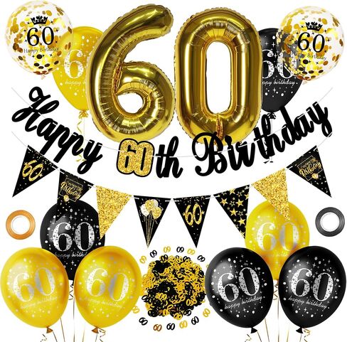 60th Birthday Party Decorations for Men Women Black and Gold, Black Gold Happy Birthday Banner Sign 60th Happy Birthday Balloons for 60th Anniversary Birthday Party Supplies Outdoor Indoor Décor in Kuwait