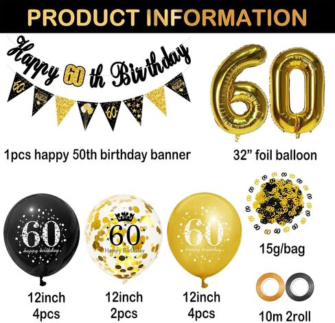 60th Birthday Party Decorations for Men Women Black and Gold, Black Gold Happy Birthday Banner Sign 60th Happy Birthday Balloons for 60th Anniversary Birthday Party Supplies Outdoor Indoor Décor in Kuwait