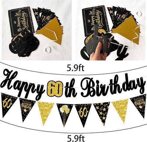 60th Birthday Party Decorations for Men Women Black and Gold, Black Gold Happy Birthday Banner Sign 60th Happy Birthday Balloons for 60th Anniversary Birthday Party Supplies Outdoor Indoor Décor in Kuwait