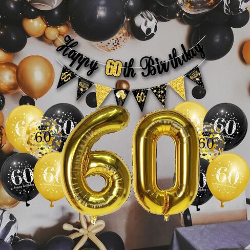 60th Birthday Party Decorations for Men Women Black and Gold, Black Gold Happy Birthday Banner Sign 60th Happy Birthday Balloons for 60th Anniversary Birthday Party Supplies Outdoor Indoor Décor in Kuwait