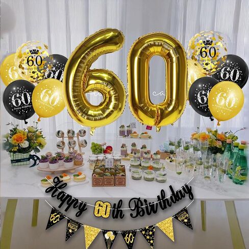 60th Birthday Party Decorations for Men Women Black and Gold, Black Gold Happy Birthday Banner Sign 60th Happy Birthday Balloons for 60th Anniversary Birthday Party Supplies Outdoor Indoor Décor in Kuwait