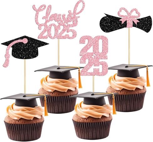 36 Pack 2025 Graduation Theme Cupcake Toppers Glitter Class of 2025 Diploma Graduation Cap Cupcake Picks 2025 Graduation Theme Party Cake Decorations Supplies Pink in Saudi Arabia
