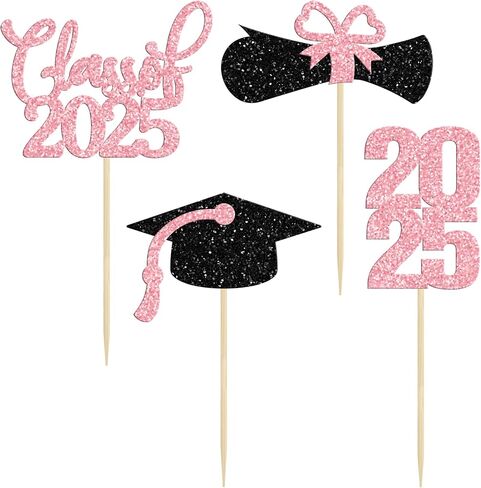 36 Pack 2025 Graduation Theme Cupcake Toppers Glitter Class of 2025 Diploma Graduation Cap Cupcake Picks 2025 Graduation Theme Party Cake Decorations Supplies Pink in Saudi Arabia