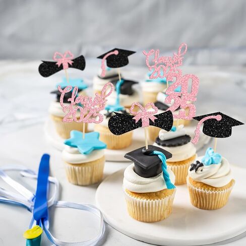 36 Pack 2025 Graduation Theme Cupcake Toppers Glitter Class of 2025 Diploma Graduation Cap Cupcake Picks 2025 Graduation Theme Party Cake Decorations Supplies Pink in Saudi Arabia