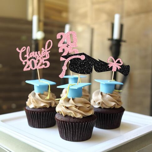 36 Pack 2025 Graduation Theme Cupcake Toppers Glitter Class of 2025 Diploma Graduation Cap Cupcake Picks 2025 Graduation Theme Party Cake Decorations Supplies Pink in Saudi Arabia