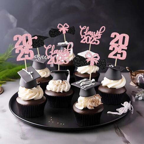 36 Pack 2025 Graduation Theme Cupcake Toppers Glitter Class of 2025 Diploma Graduation Cap Cupcake Picks 2025 Graduation Theme Party Cake Decorations Supplies Pink in Saudi Arabia