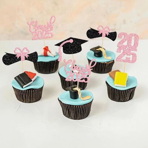 36 Pack 2025 Graduation Theme Cupcake Toppers Glitter Class of 2025 Diploma Graduation Cap Cupcake Picks 2025 Graduation Theme Party Cake Decorations Supplies Pink in Saudi Arabia