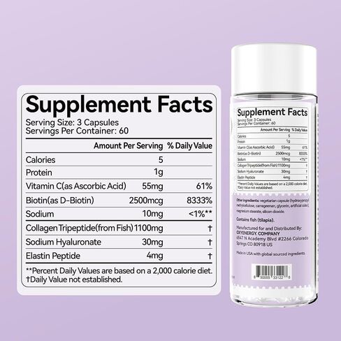 OXYENERGY Collagen Peptides Capsules for Women, 800mg Hydrolyzed Collagen(Types I) Supplements with Elastin Peptides, 60 Collagen Pills to Promotes Hair, Nail, Skin, Colágeno en Capsulas in Kuwait