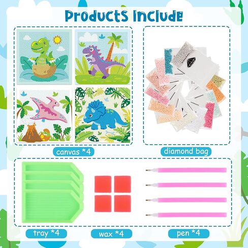 Cheerupp 4 Pcs Dinosaur Diamond Art Kits for Kids, Jungle Safari Animal DIY Creative Diamond Art Sticker Craft by Number for Adults Beginner, Full Round Drill Gem Art for Home Wall Decor in Saudi Arabia