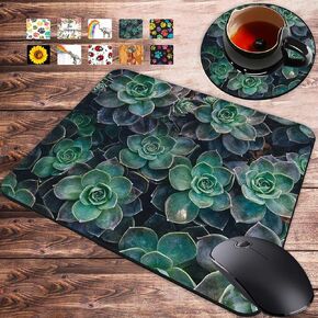 Gaming Mouse Pad and Coasters Set, Green Blue Succulent Cactus Plants Mousepad, Non-Slip Rubber Rectangle Mouse Pad, Customized Mouse Mat for Working and Gaming