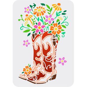 FINGERINSPIRE Cowboy Boots and Flower Painting Stencil 8.3x11.7inch Reusable Western Theme Drawing Template PET Plastic Hollow Out Stencils for Painting on Wall Wood Furniture Scrapbook