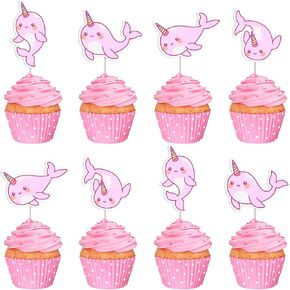 Narwhal Birthday Decoration Girl, 24pcs Under the Sea Party Decoration Cupcake Topper Pink for Narwhal Beach Ocean Sea Marine Animal Birthday Baby Shower Decoration
