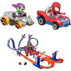 Hot Wheels Toy Car Track Set, RacerVerse Spider-Man’s Web-Slinging Speedway, Competitive Race with 2 Die-Cast Vehicles: Spider-Man & Black Panther