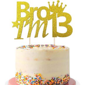 1Pcs 13th Birthday Cake Topper Gold Glitter Bro I'm 13 Birthday Cake Pick Cheers to 13 Years Old Fifteen Cake Decorations for Official Teenager 13th Boys Theme Party Supplies (Gold)