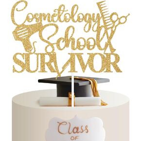 Cosmetology School Survivor Cake Topper, Congrats Cosmetologist/Hairstylist/Barber, Class of 2025 Cosmetology Graduation Party Decorations Gold Glitter