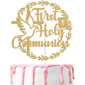 First Holy Communion Cake Topper, God Bless, Religious Baptism, Christening Baby Shower 1st Birthday Party Decorations Supplies, Gold Glitter