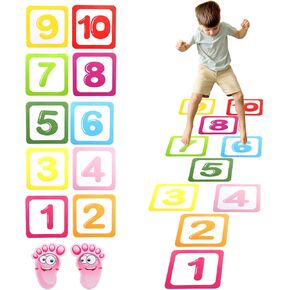 10 PCS Number Lattice Floor Sticker with 1 Pair Kids Footprint Stickers, Removable Vinyl Floor Decals for Classroom, Sensory Path Decal for Floors, Classic Funny Games Walk Decals for School Hallway