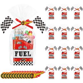 PerKoop 144 Pcs Racing Car Party Supplies Include 24 Racing Theme Gift Baskets Clear Plastic Bags Red Ribbons Gift Tags and 48 Checkered Flags Gift Basket Empty for Car Theme Birthday Party Favors