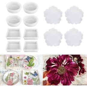 ResinWorld 4 Pack 4 inches Flower Coaster Molds(No Designs on Mold) + 8 Pack Round Square Deep Coaster Molds