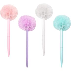 POM POM PROOPPOINT PEN 4 VILES FLUFFY BALLES PENS CUTE KAWAII PEN Black Gel Ink Point Pens for Office School Supply ، Purple ، Green ، Pink ، White