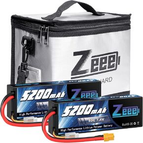 Zeee 2S Lipo Battery 5200mAh 7.4V 50C Hard Case Battery XT60 Connector 2 Pack Batteries with 1 Pcs Lipo Safe Bag Fireproof Explosionproof Bag for Storage Charging