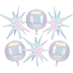 6Pcs 4D Iridescent Sphere Balloons 22 Inch Holographic Balloons for Birthday Party, Rainbow Mermaid Party Decoration Balloon, Summer Holiday Pink Party Balloons for Girls