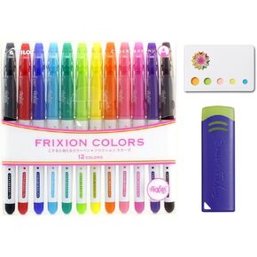 Pilot Frixion Erasable Coloring Pens 12 Pack with Sticky notes and 1 blue eraser – Multi Colored Dry Erase Markers, Comfy Grip, Retractable Clip On Cap – For Home, School, Students, Kids, Drawing