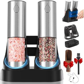 Upgraded Rechargeable Electric Salt and Pepper Grinder Set with USB Charging Base, Adjustable Coarseness, 3.2oz Refillable, White LED, One-Hand Operation, Stainless Steel for Kitchen, BBQ, Outdoor Use