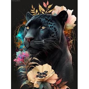GOLDyyFROG Diamond Painting Number Kits Panther and Flower Round Embroidery Cross Stitch Craft Canvas for Home Wall Decor Gift 12x16 Inch